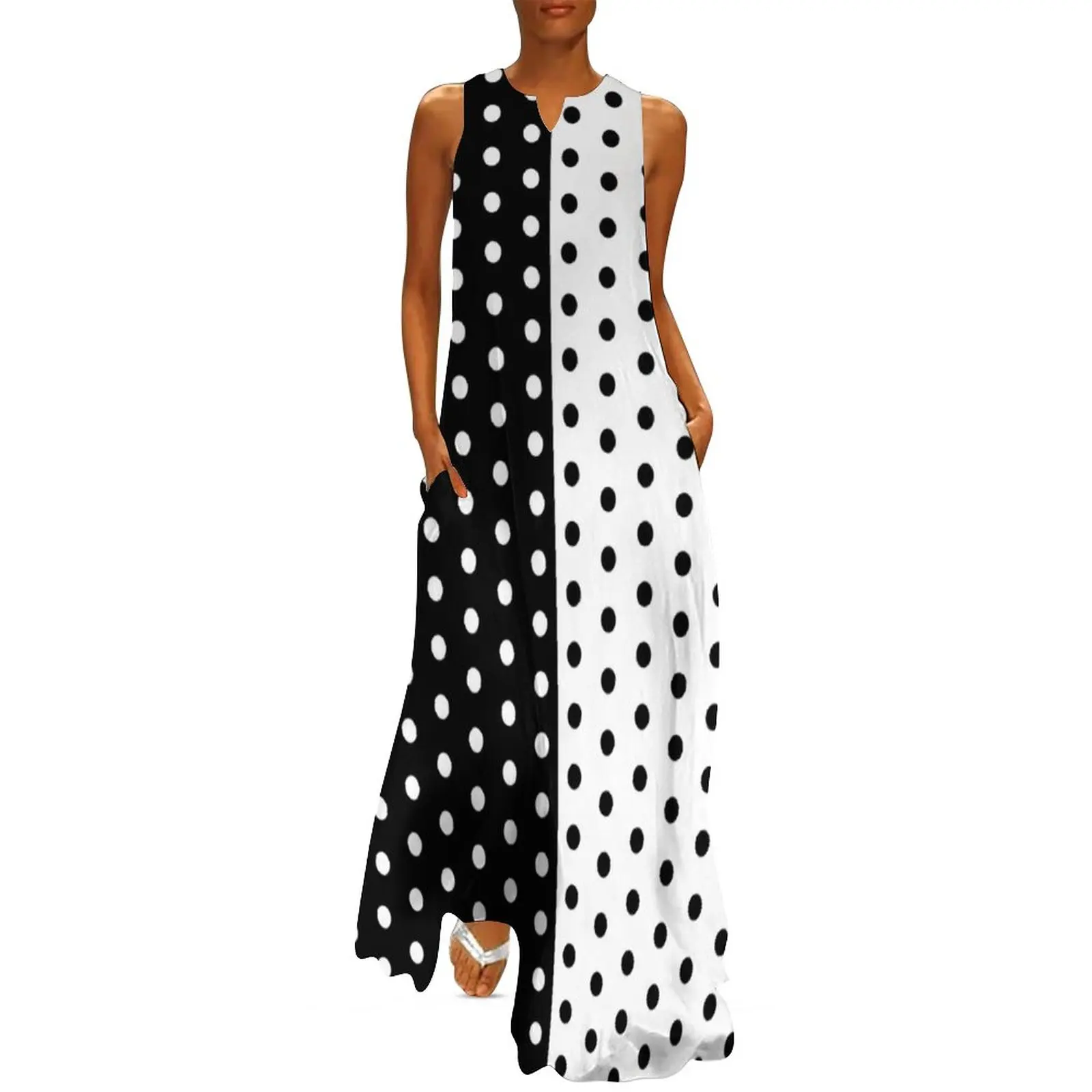 Boho Summer Beach Maxi Dress - Retro Dwukolorowa Sukienka Wiosna Czarny Biały